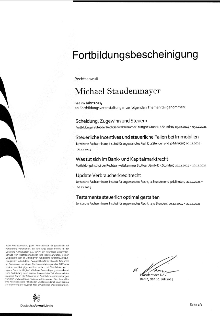 Fortbildungsbescheinigung FortbildBesch-2019-2024 RA Staudenmayer